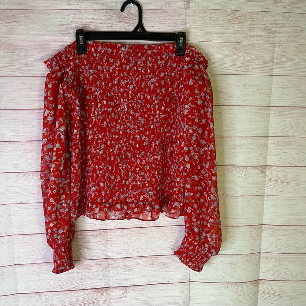 Bar III Red‎ Smocked Ruffle Floral Blouse XL